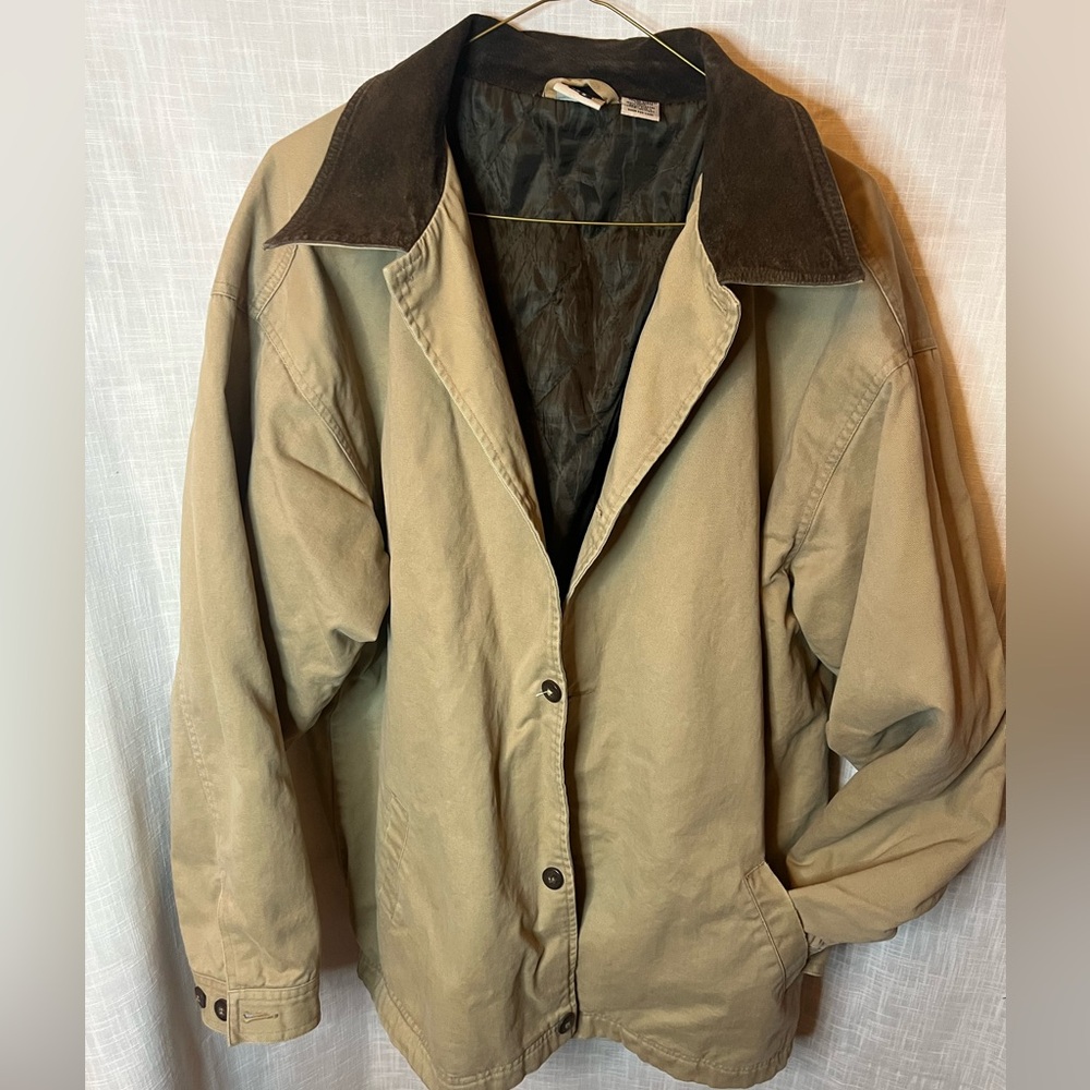Men's Tan Cotton utility Jacket Dark Brown Suede Collar Chore Barn Coat Canvas L